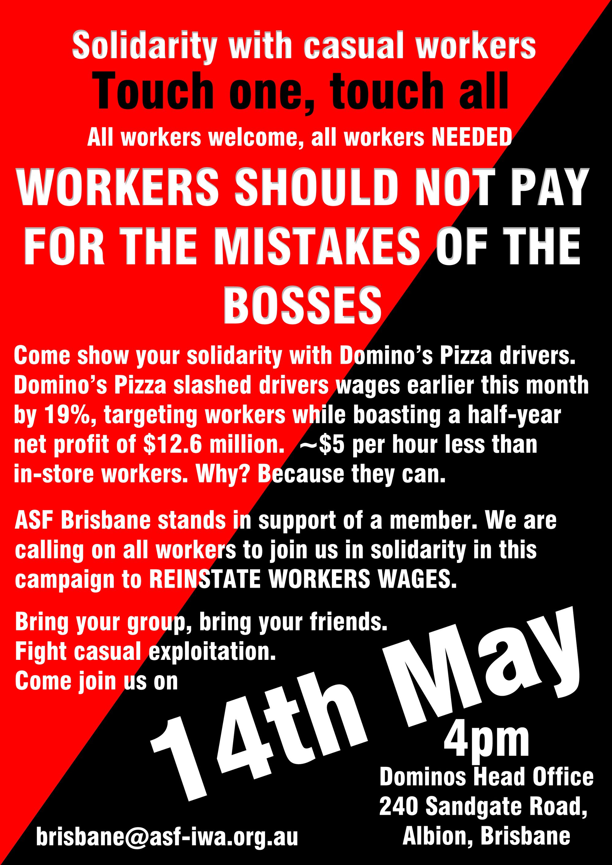 ASF Brisbane : Reinstate Domino's Pizza Drivers Wages